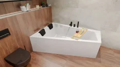 Baignoire asymétrique 180x125 Gauche INTIMA acrylique blanc, sans Habillage + Repose Tête + Étagère bambou +Pieds +Vidage à chromé