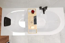 Baignoire asymétrique 170x75 Gauche AVITA acrylique blanc, sans Habillage + Repose Tête + Étagère bambou + Pieds + Vidage à chromé