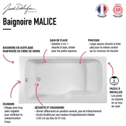 Baignoire bain douche JACOB DELAFON Malice version droite Blanc brillant 160 x 85