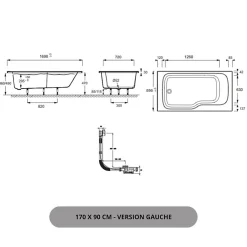 Baignoire bain douche JACOB DELAFON Malice, version gauche Blanc brillant 170 x 90