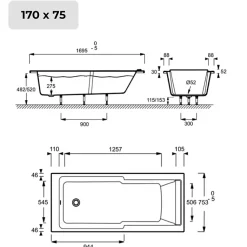 Baignoire bain douche JACOB DELAFON Struktura + pare bain + tablier + étagère 170 x 75