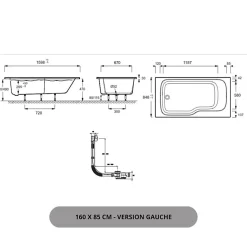 Baignoire bain douche JACOB DELAFON Malice, version gauche Blanc brillant 160 x 85