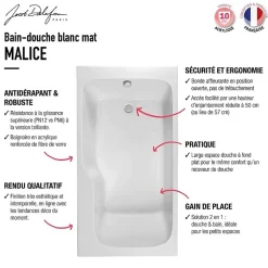 Baignoire bain douche JACOB DELAFON Malice antidérapante, version droite 170x90 cm Blanc mat