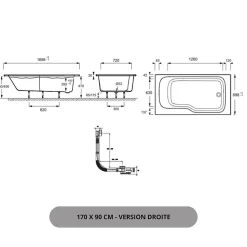 Baignoire bain douche JACOB DELAFON Malice antidérapante, version droite 170x90 cm Blanc mat