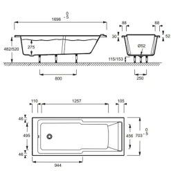 Baignoire bain douche JACOB DELAFON Struktura compacte Acrylique renforcé 170 x 70