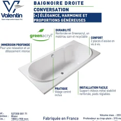Baignoire Conversation 180 x 90 cm sans tablier Valentin