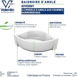 Baignoire d'angle 140 x 140 cm Giverny sans tablier Valentin