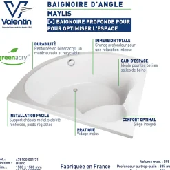 Baignoire d'angle 150 x 150 cm Maylis sans tablier Valentin