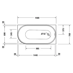 Baignoire d'angle acrylique salle de bain, vidage de trop plein, 2 places, Coin droite, 150x75x45cm, Blanc, DURADELFI