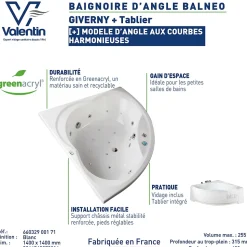 Baignoire d'angle balnéo 140 x 140 cm Giverny + tablier Valentin