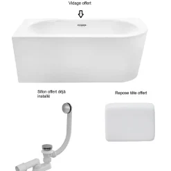 Baignoire d'angle Blanc + Siphon noir et Vidage inclus + Repose tête - AVITA S CLASSE - GAUCHE - 170 x 75 cm