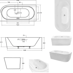 Baignoire d'angle Blanc + Siphon Doré et Vidage inclus + Repose tête - AVITA S CLASSE - GAUCHE - 150 x 75 cm