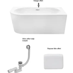 Baignoire d'angle Blanc + Siphon Blanc et Vidage inclus + Repose tête - AVITA S CLASSE - DROITE - 150 x 75 cm