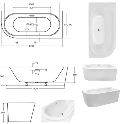 Baignoire d'angle Blanc + Siphon Chrome et Vidage inclus + Repose tête - AVITA S CLASSE - DROITE - 150 x 75 cm
