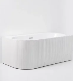Baignoire d'angle droite avec bonde et vidage - 150 x 75 cm - Blanc brillant rainuré - PERLE