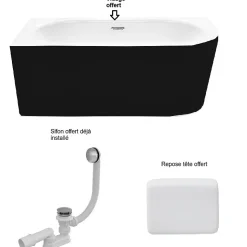 Baignoire d'angle Noir et Blanc + Siphon noir et Vidage inclus + Repose tête - AVITA S CLASSE - GAUCHE - 170 x 75 cm