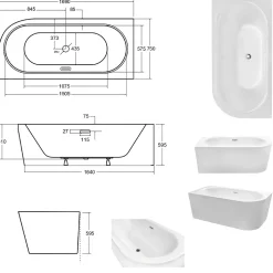 Baignoire d'angle Noir et Blanc + Siphon Blanc et Vidage inclus + Repose tête - AVITA S CLASSE - GAUCHE - 170 x 75 cm