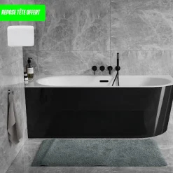 Baignoire d'angle Noir et Blanc + Siphon Doré et Vidage inclus + Repose tête - AVITA S CLASSE - GAUCHE - 150 x 75 cm