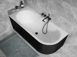 Baignoire d'angle Noir et Blanc + Siphon Doré et Vidage inclus + Repose tête - AVITA S CLASSE - GAUCHE - 150 x 75 cm