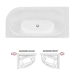 Baignoire d'angle Noir et Blanc + Siphon Chrome et Vidage inclus + Repose tête - AVITA S CLASSE - DROITE - 150 x 75 cm