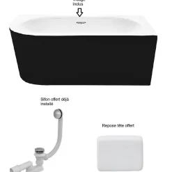 Baignoire d'angle Noir et Blanc + Siphon Doré et Vidage inclus + Repose tête - AVITA S CLASSE - DROITE - 150 x 75 cm