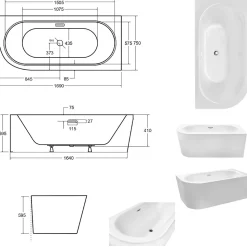 Baignoire d'angle Noir et Blanc + Siphon Blanc et Vidage inclus + Repose tête - AVITA S CLASSE - DROITE - 170 x 75 cm