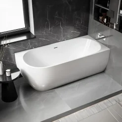 Baignoire d'angle semi-îlot Acrylique Ovale Salle de Bain avec Bonde + trop plein, Blanc, 170x75x60cm, Garantie 5 ans, LENA CORNER