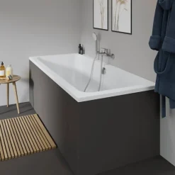 Baignoire droite 180 X 80 DURAVIT D-Code bonde au centre + Pare bain AURYS Raywall noir mat version gauche