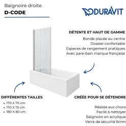 Baignoire droite 180 X 80 DURAVIT D-Code bonde au centre + Pare bain AURYS Raywall noir mat version gauche