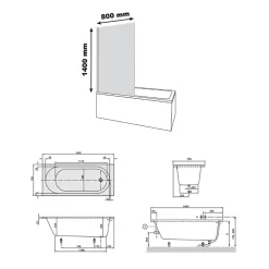 Baignoire droite avec pieds 160 x 70 cm VILLEROY & BOCH O.Novo Blanc + Pare bain droite AURYS Raywall noir mat