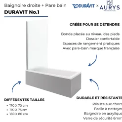 Baignoire droite DURAVIT No.1 180 x 85 cm + Pare bain droit AURYS Mist 1 chromé