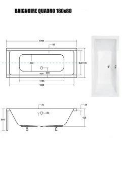 Baignoire Droite sans Tablier - 180 x 80 cm - QUADRO SANS TABLIER - REPOSE-TÊTE MODERN OFFERT