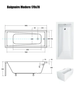 Baignoire Droite sans Tablier - 170 x 70 cm - MODERN SANS TABLIER - REPOSE-TÊTE OFFERT