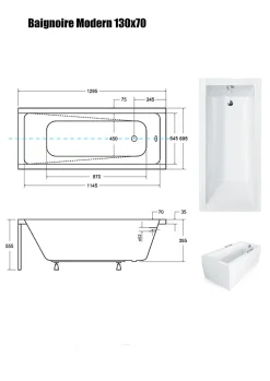 Baignoire Droite sans Tablier - 130 x 70 cm - MODERN SANS TABLIER - REPOSE-TÊTE OFFERT