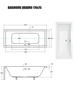 Baignoire Droite sans Tablier - 170 x 75 cm - QUADRO SANS TABLIER - REPOSE-TÊTE OFFERT