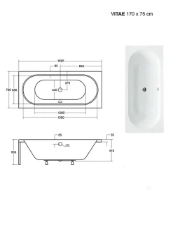 Baignoire Droite sans Tablier - 170 x 75 cm - VITAE SANS TABLIER - REPOSE-TÊTE OFFERT