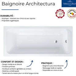 Baignoire droite VILLEROY & BOCH Architectura acrylique 150 x 70 cm + Pare bain droite AURYS Raywall chromé