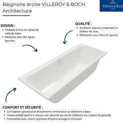 Baignoire droite VILLEROY & BOCH Architectura avec pieds 170 x 75 cm Blanc + Pare bain gauche AURYS Raywall chromé