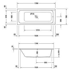 Baignoire droite 170x70 DURAVIT D-Code bonde au centre