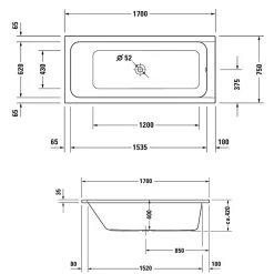 Baignoire droite 170x75 DURAVIT D-Code bonde au centre
