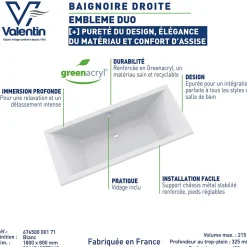 Baignoire Embleme Duo 180 x 80 cm sans tablier Valentin