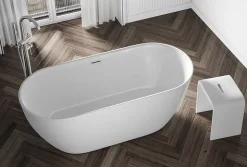 Baignoire îlot Acrylique Ovale Moderne Salle de Bain avec Bonde- Blanc, 160x75x59cm, Garantie 5 ans, Bords épais, JAZZ PLUS 2.0