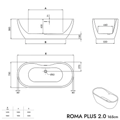 Baignoire îlot Acrylique ovale 165x75x58cm Blanc mat + Bonde et trop plein - ROMA PLUS 2.0