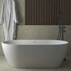 Baignoire îlot blanche Poalgi Solid Surface 168x80x53,5 cm inclus tablette - modèle SHIRO