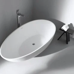 Baignoire îlot Design en fonte minérale VIGO - blanc mat - Avec robinet mitigeur 1521, Sans siphon, 170x85cm