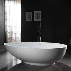 Baignoire îlot Design en fonte minérale VIGO - blanc mat - Sans robinet, Avec siphon, 150x75cm