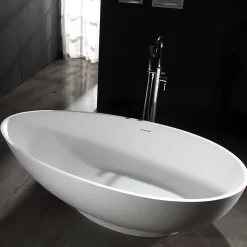 Baignoire îlot Design en fonte minérale VIGO - blanc mat - Sans robinet, Avec siphon, 150x75cm