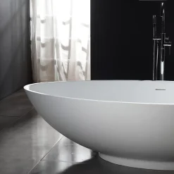 Baignoire îlot Design en fonte minérale VIGO - blanc mat - Sans robinet, Avec siphon, 150x75cm
