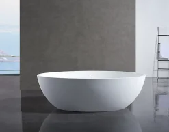Baignoire îlot en fonte minérale RELAX - 176x103cm - Avec siphon, Blanc mat, Avec robinet mitigeur 8028B