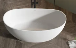 Baignoire îlot en fonte minérale HAWAII STONE - 180x85cm - Avec robinet mitigeur 8028, Sans siphon, Blanc brillant
